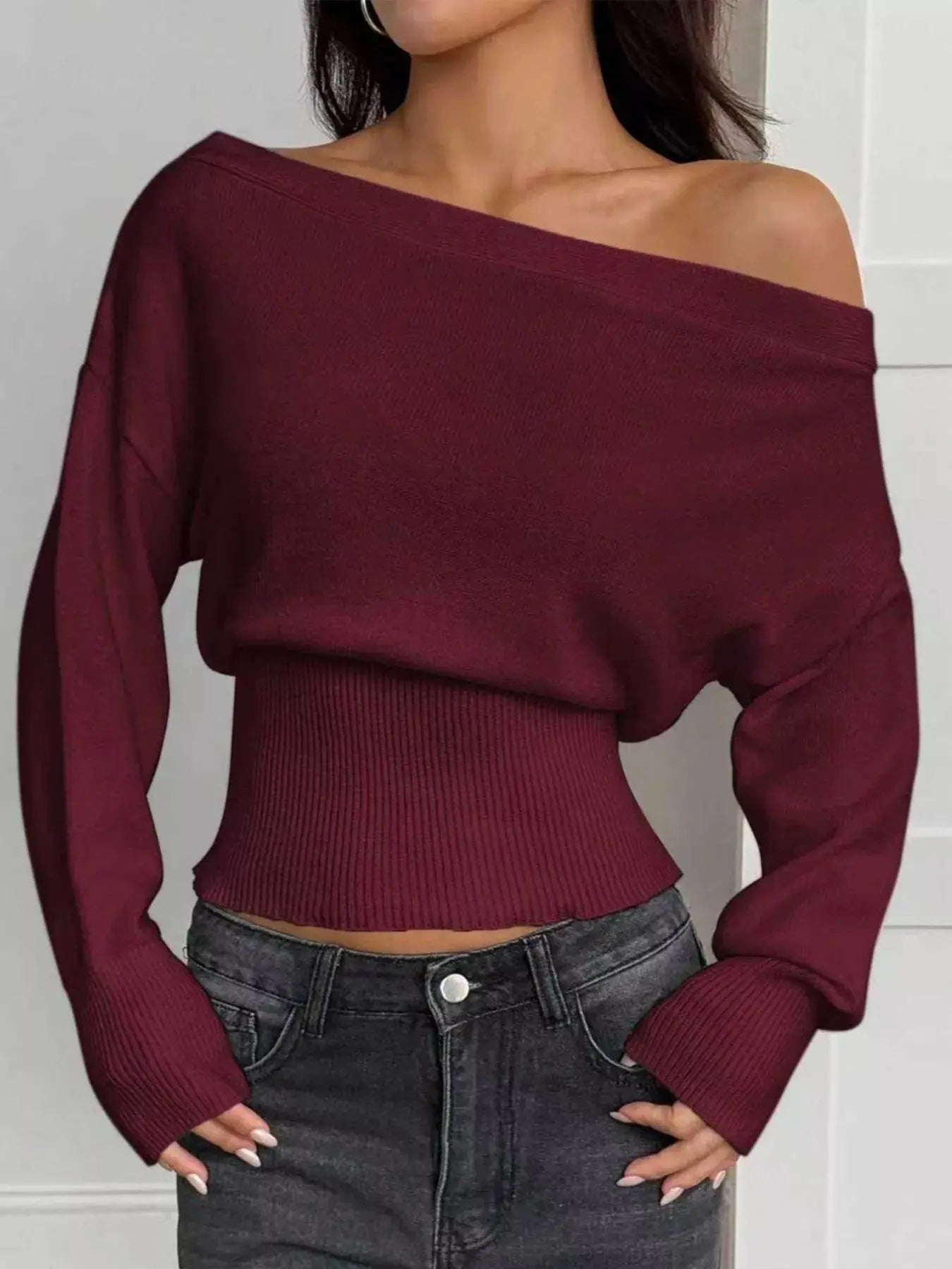 One Shoulder Cropped Sweater Simply Love