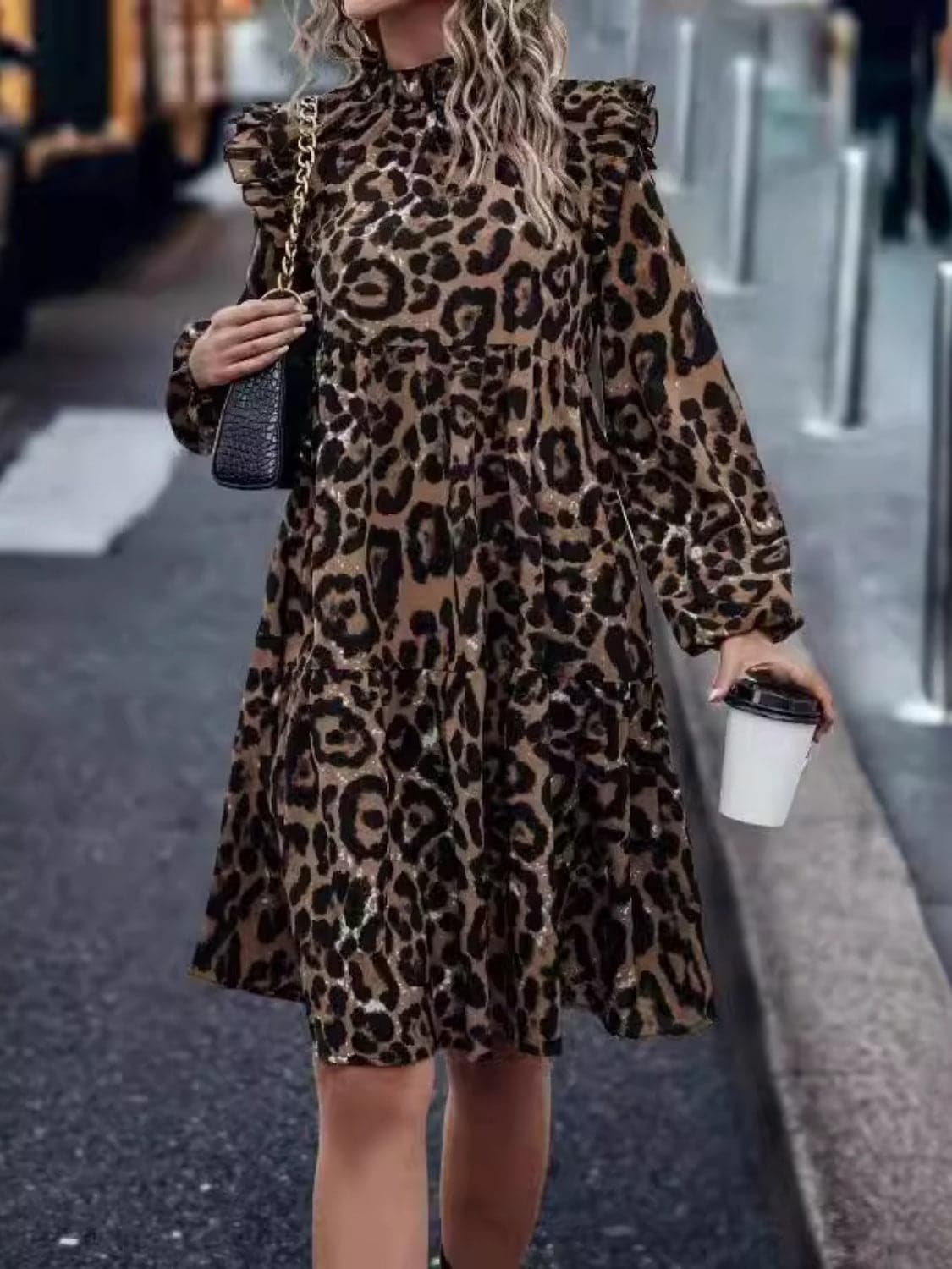 Ruffled leopard print mock neck mini dress with long sleeves