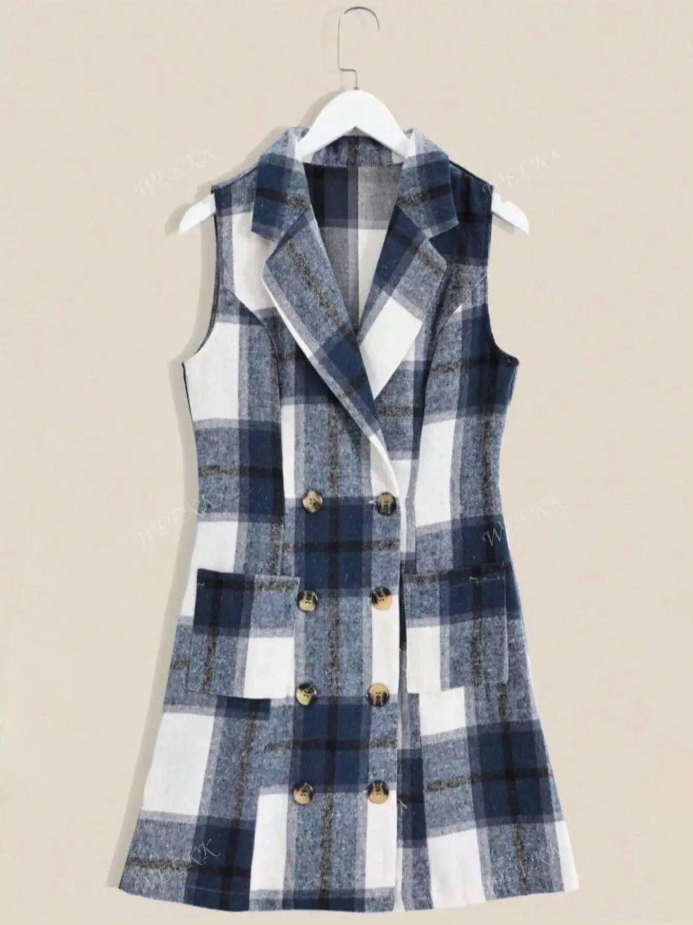 Plaid Double-Breasted Sleeveless Blazer Dress Simply Love