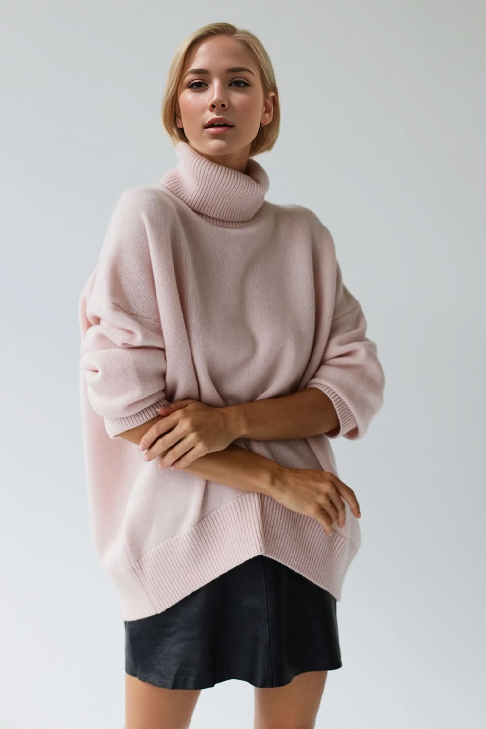 Basic Bae Turtleneck Dropped Shoulder Long Sleeve Sweater in soft pink, cozy and stylish outfit.