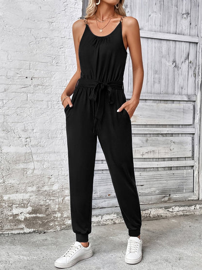 Scoop Neck Tie Waist Jumpsuit.