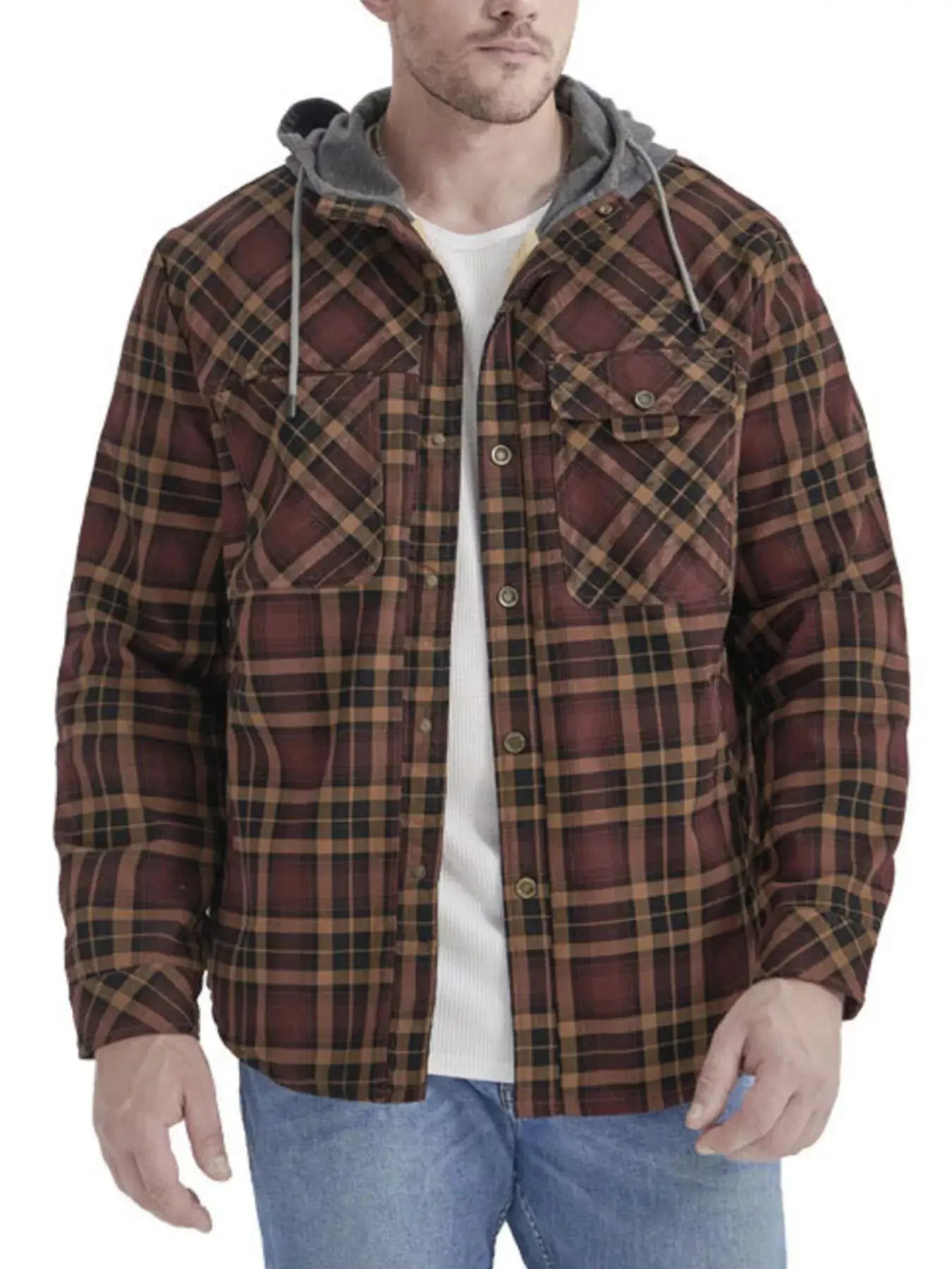 Men's Snap Down Plaid Flannel Hooded Jacket Simply Love