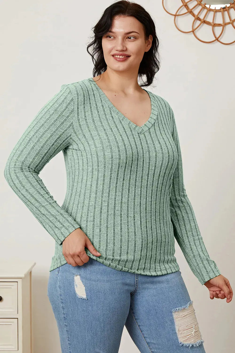 Basic Bae Full Size Ribbed V-Neck Long Sleeve T-Shirt - Love Salve