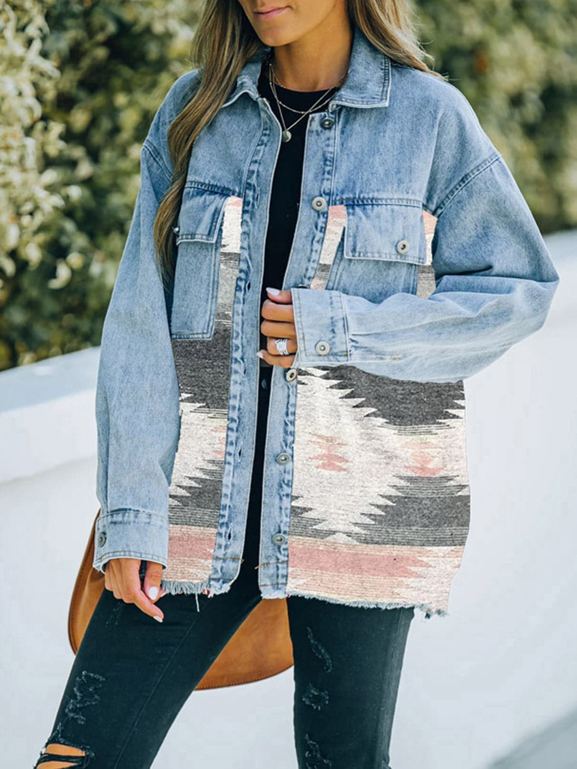 Collared Neck Dropped Shoulder Denim Jacket.