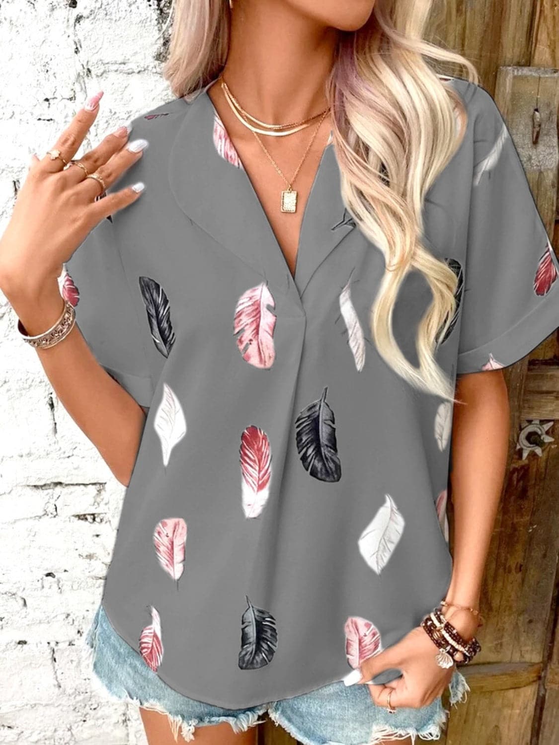 Full Size Printed Collared Neck Short Sleeve Blouse.