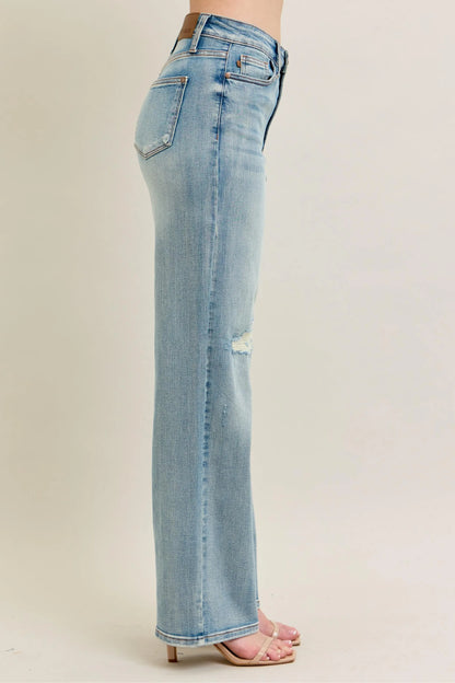 Judy Blue Plus Size High Rise Destroyed Knee Patch Straight Jeans - Love Salve 