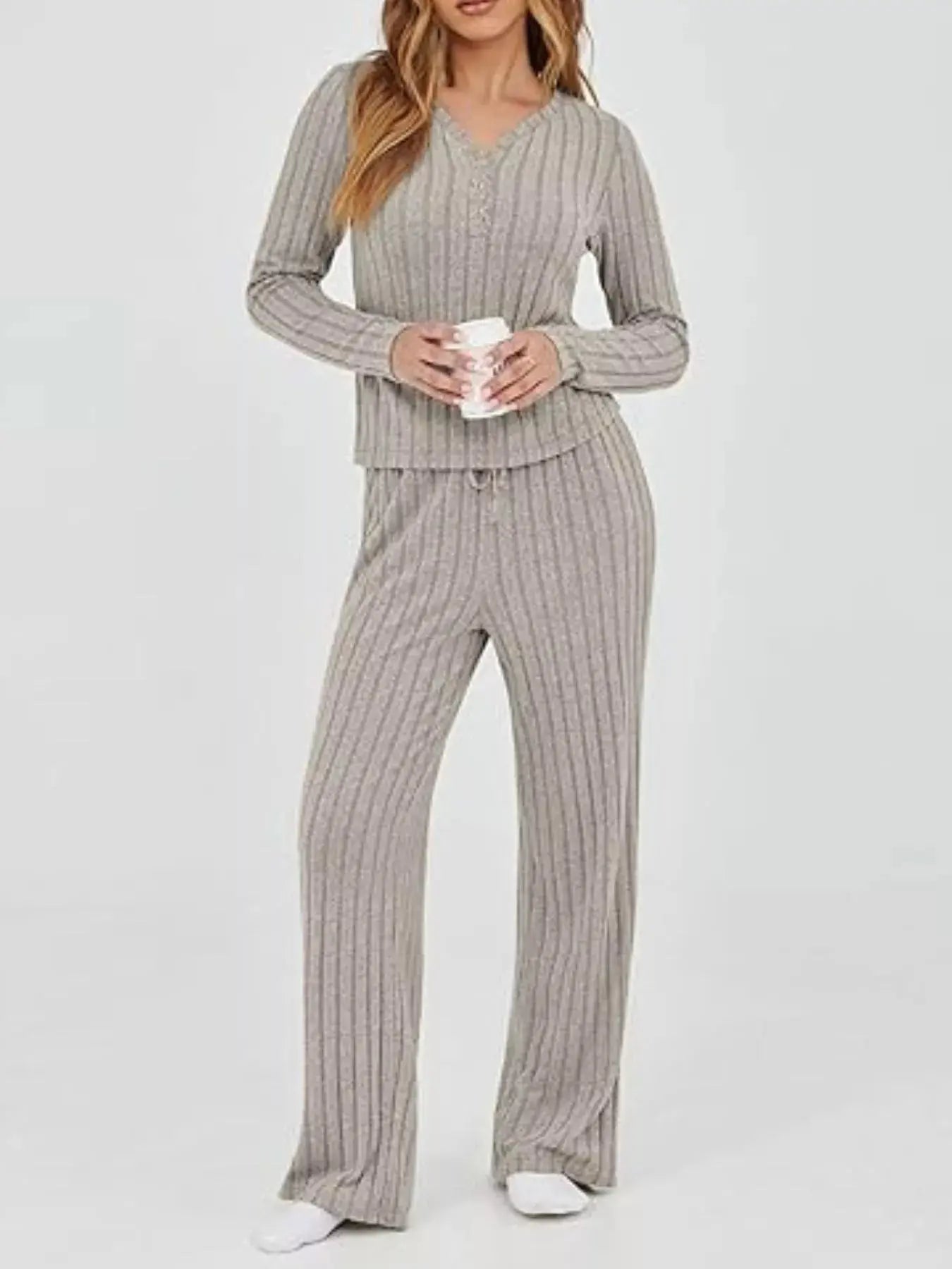 Ribbed Knit Long Sleeve Top and Pants Set Simply Love
