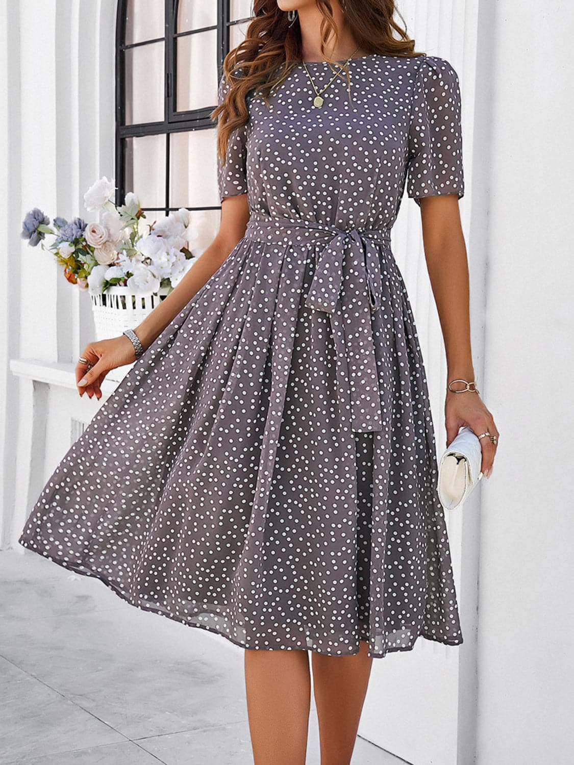 Printed Round Neck Short Sleeve Dress.