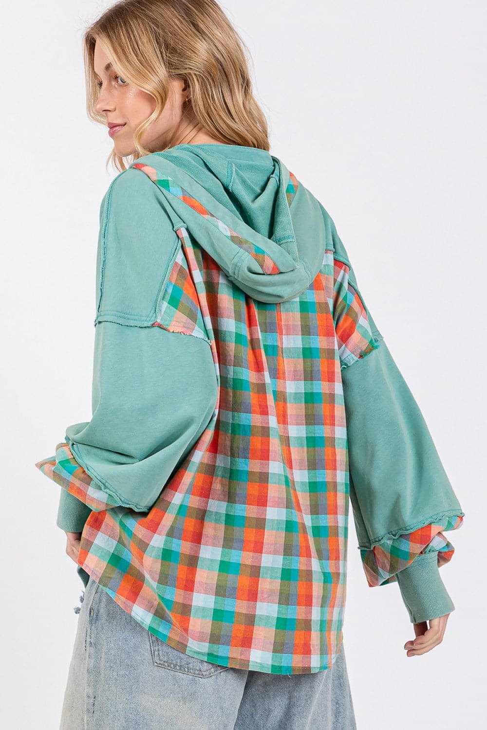 SAGE + FIG Full Size Plaid Print Washed Hoodie.