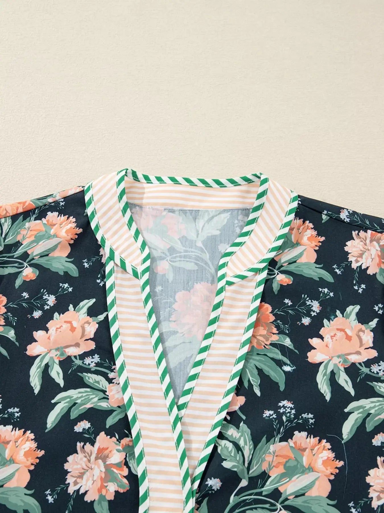 Floral Print Striped Trim V Neck Long Sleeve Ruffle Hem Shift Mini Dress Simply Love