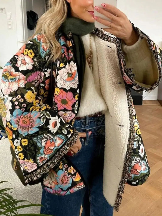 Full Size Floral Print Quilted Sherpa-Lined Jacket Plus Size Simply Love
