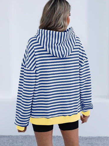 Drawstring Striped Long Sleeve Hoodie.