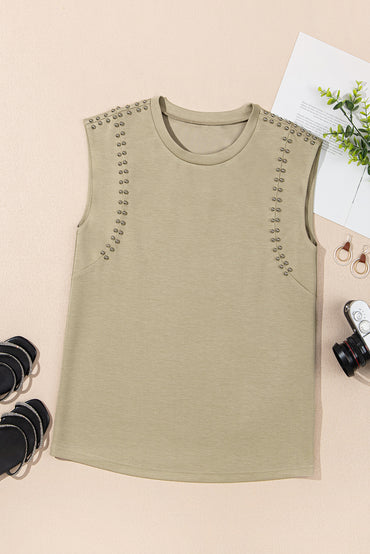 Sage Green Studded Cap Sleeve Round Neck T Shirt for Women