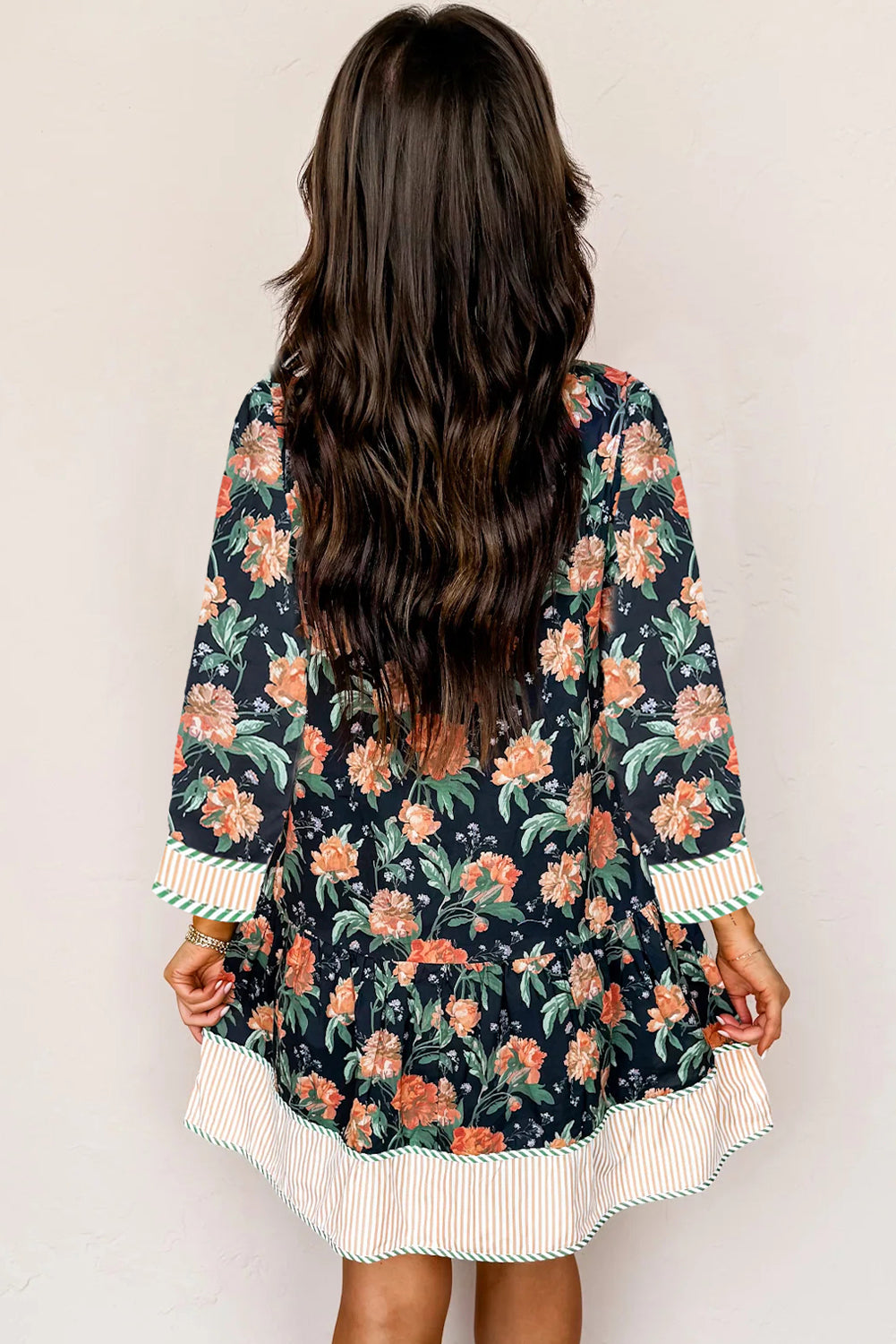 Blue Floral Print Striped Trim V Neck Long Sleeve Shift Mini Dress Ruffle Hem Dear-Lover Dropshipping