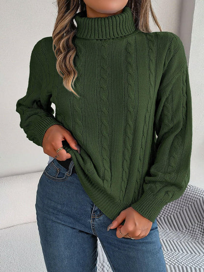 Cable-Knit Turtleneck Dropped Shoulder Sweater.