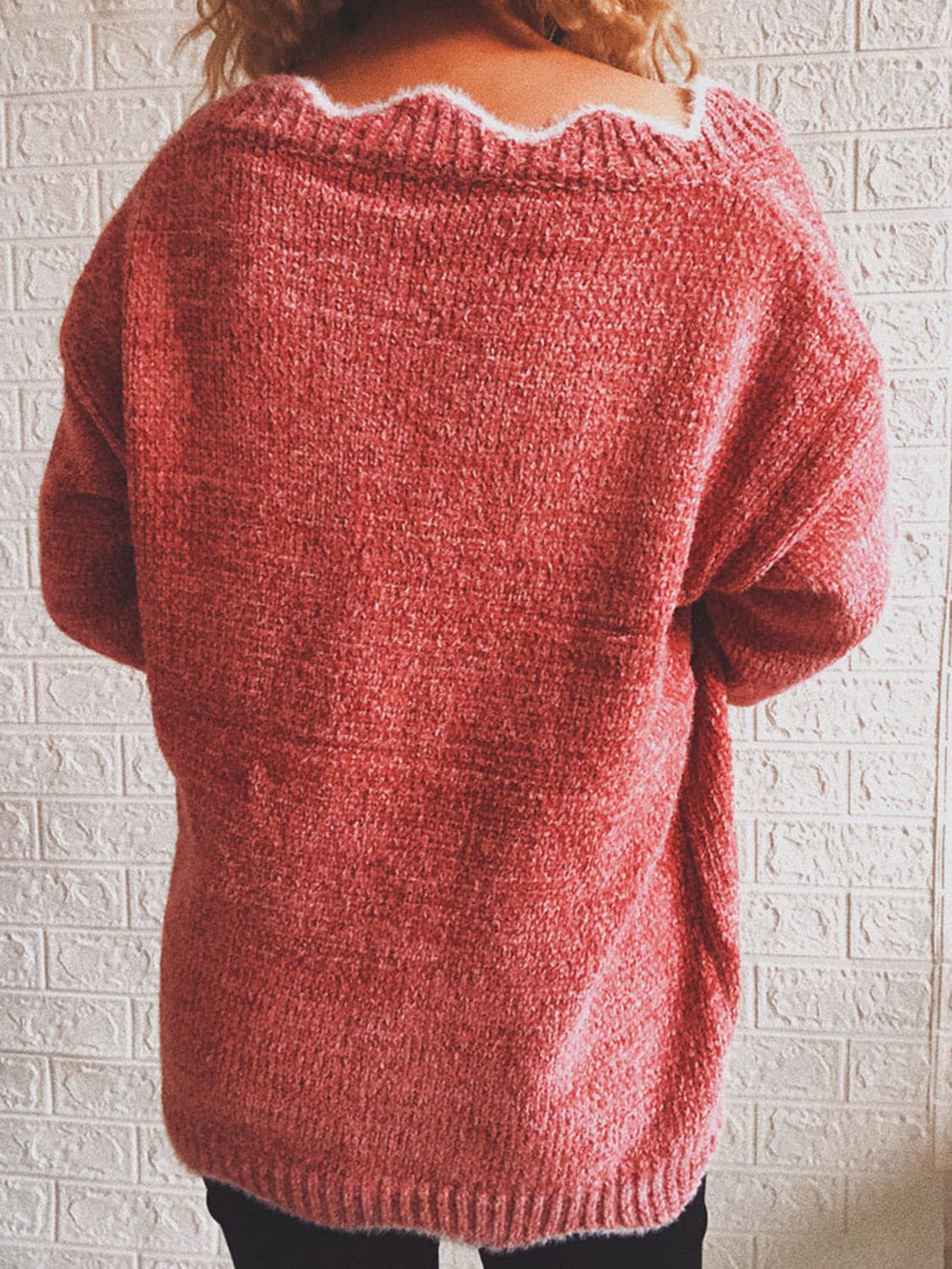 Notched Dropped Shoulder Long Sleeve Sweater.