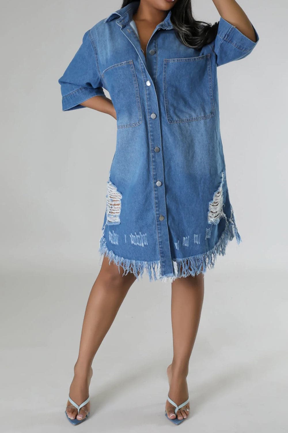 Distressed Raw Hem Button Up Denim Dress.