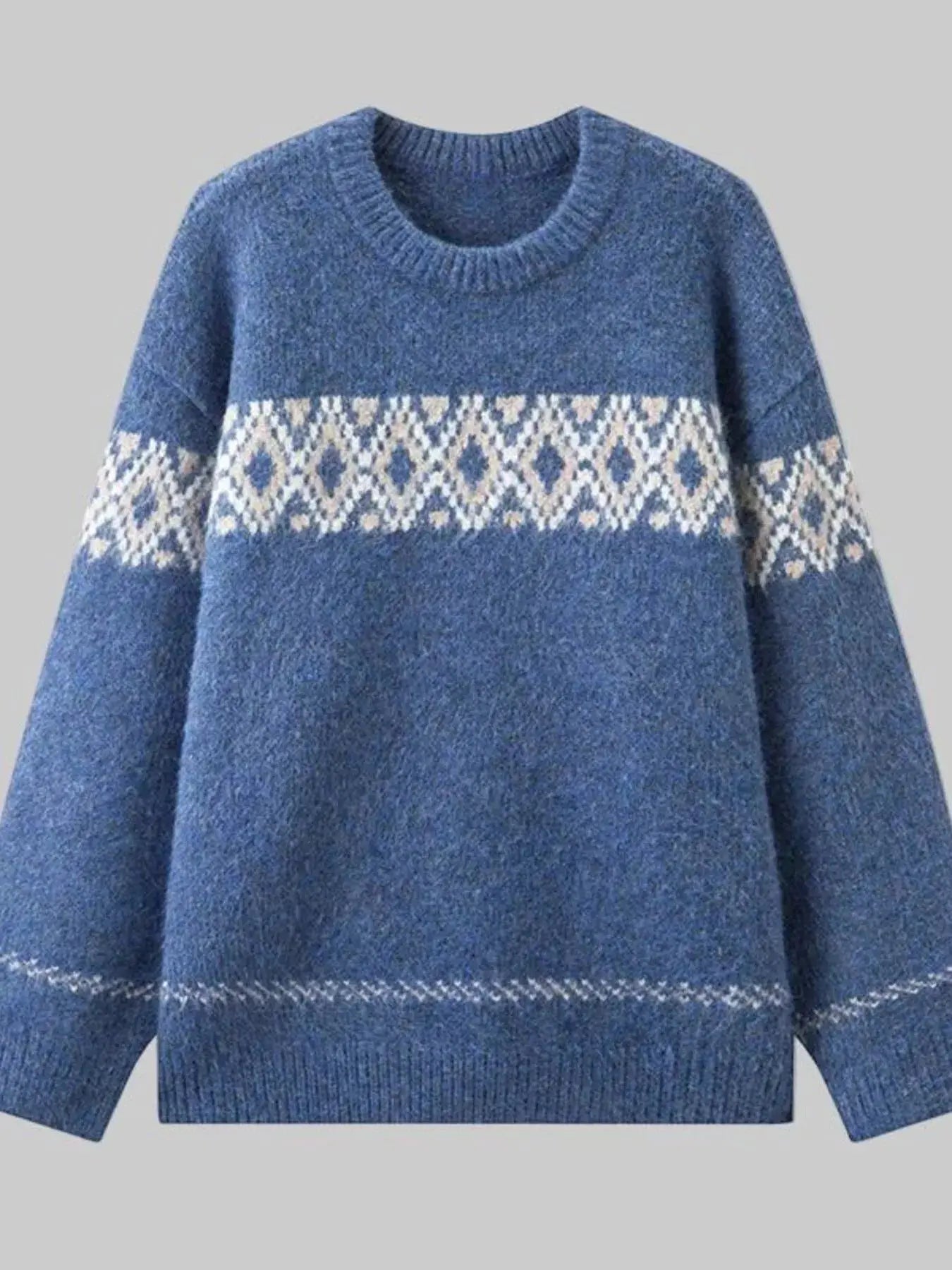 Full Size Vintage Patterned Round Neck Sweater Plus Size Simply Love
