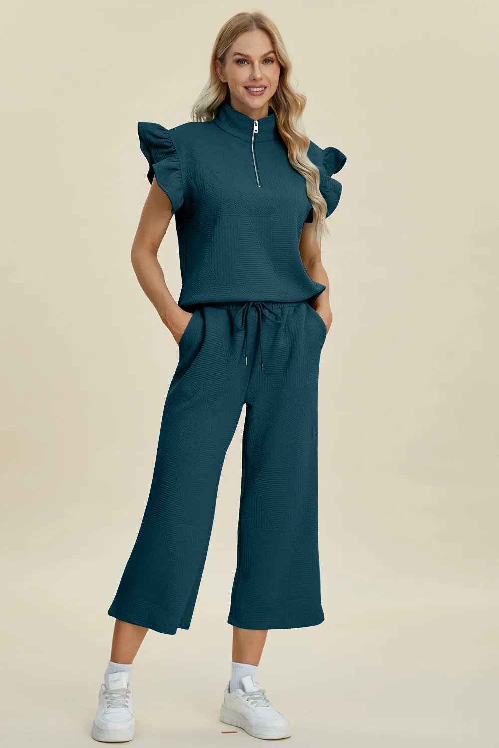 Double Take Full Size Texture Ruffle Short Sleeve Top and Wide Leg Pants Set - Love Salve