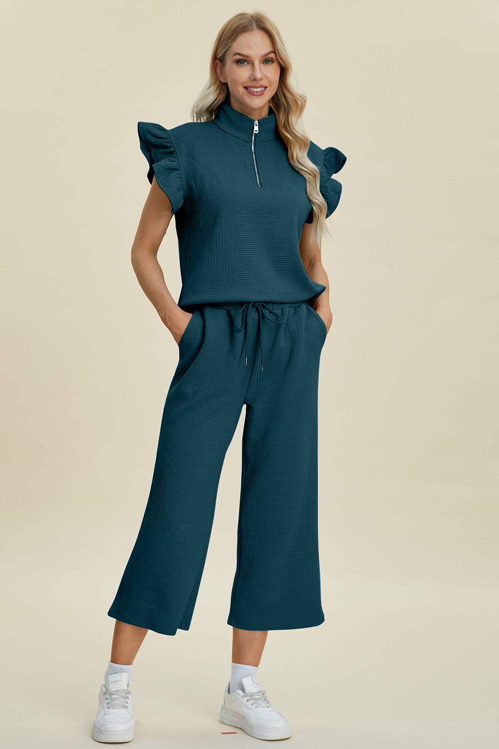 Double Take Full Size Texture Ruffle Short Sleeve Top and Wide Leg Pants Set.