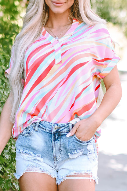 Vibrant Abstract Print High Low Blouse with Short Sleeves