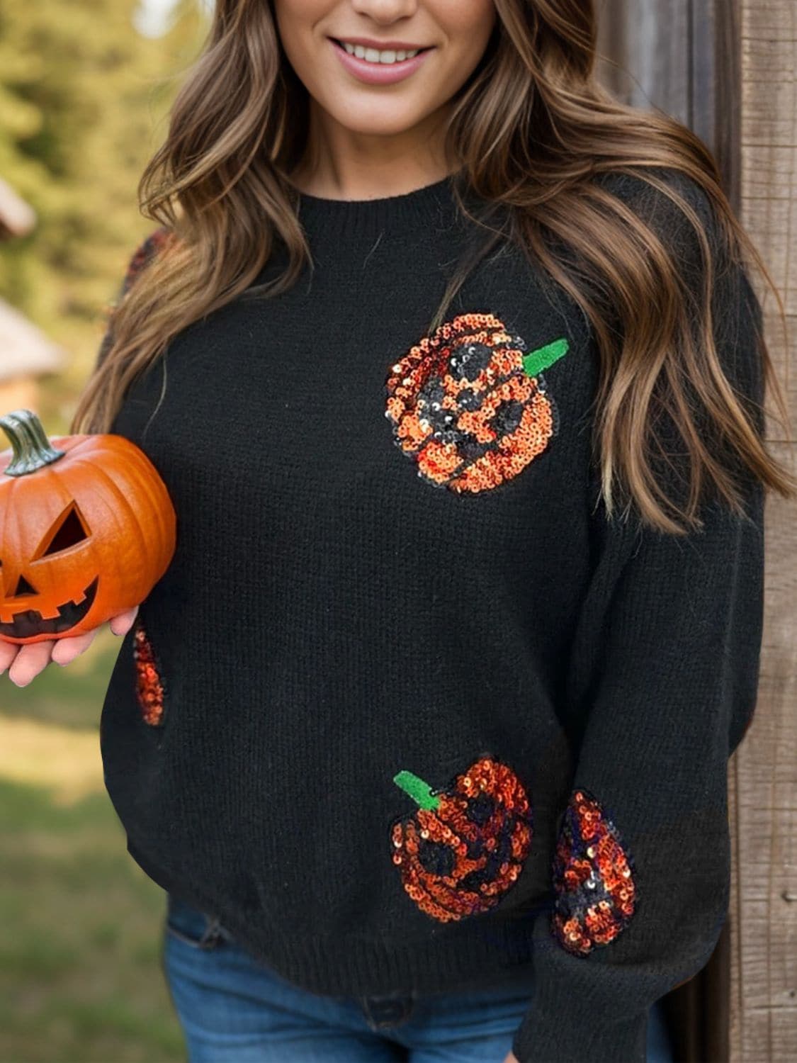 Sparkling pumpkin charm plus size round neck sweater