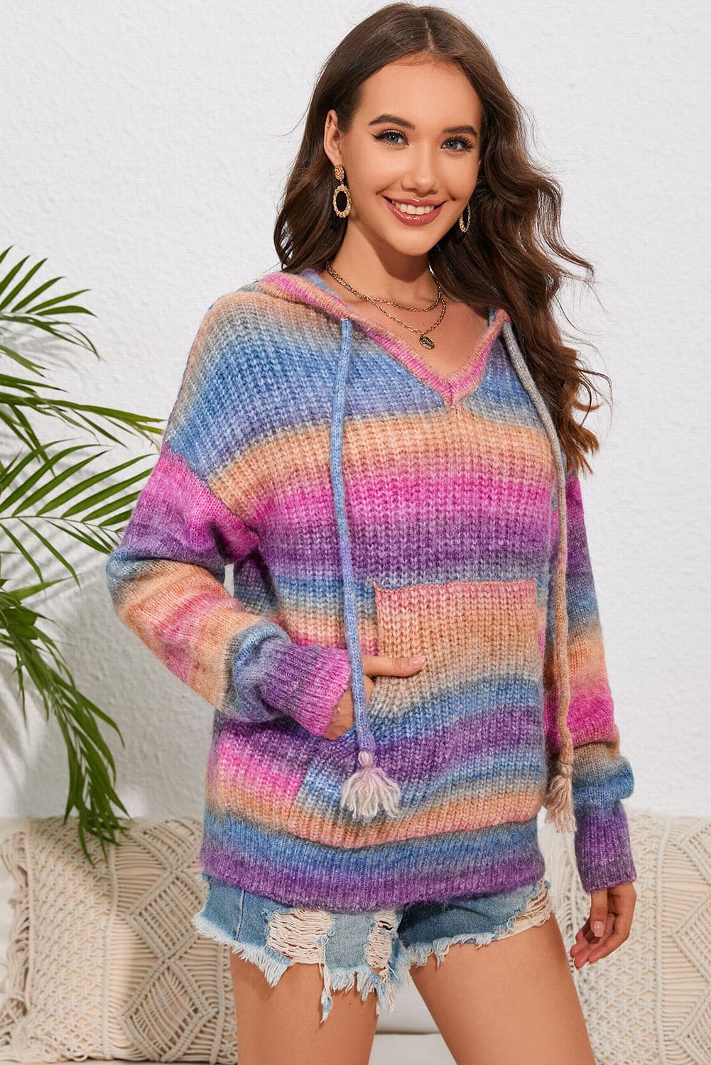 Multicolor Dropped Shoulder Hooded Sweater.