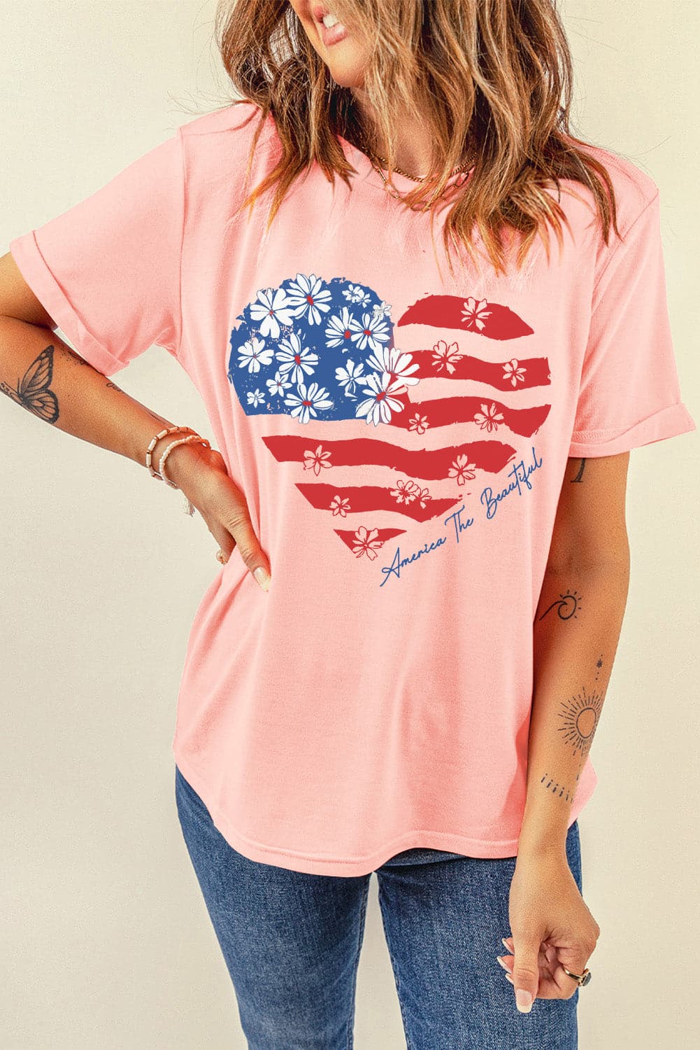 Heart Round Neck Short Sleeve T-Shirt.