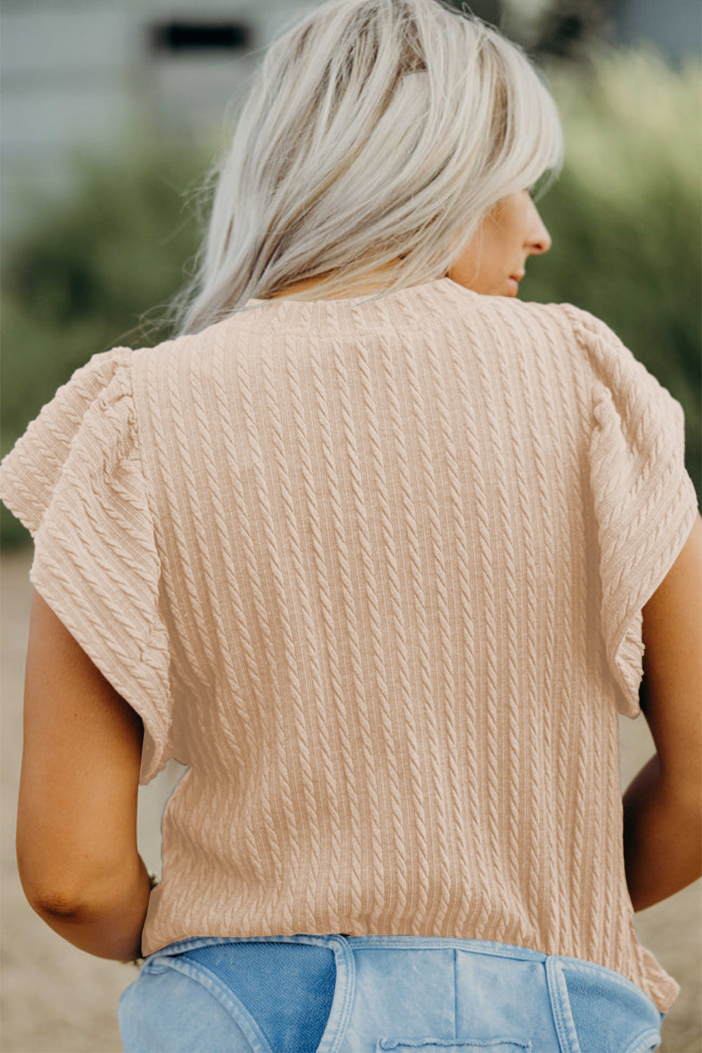 Beige Textured Knit Flutter Sleeve Blouse