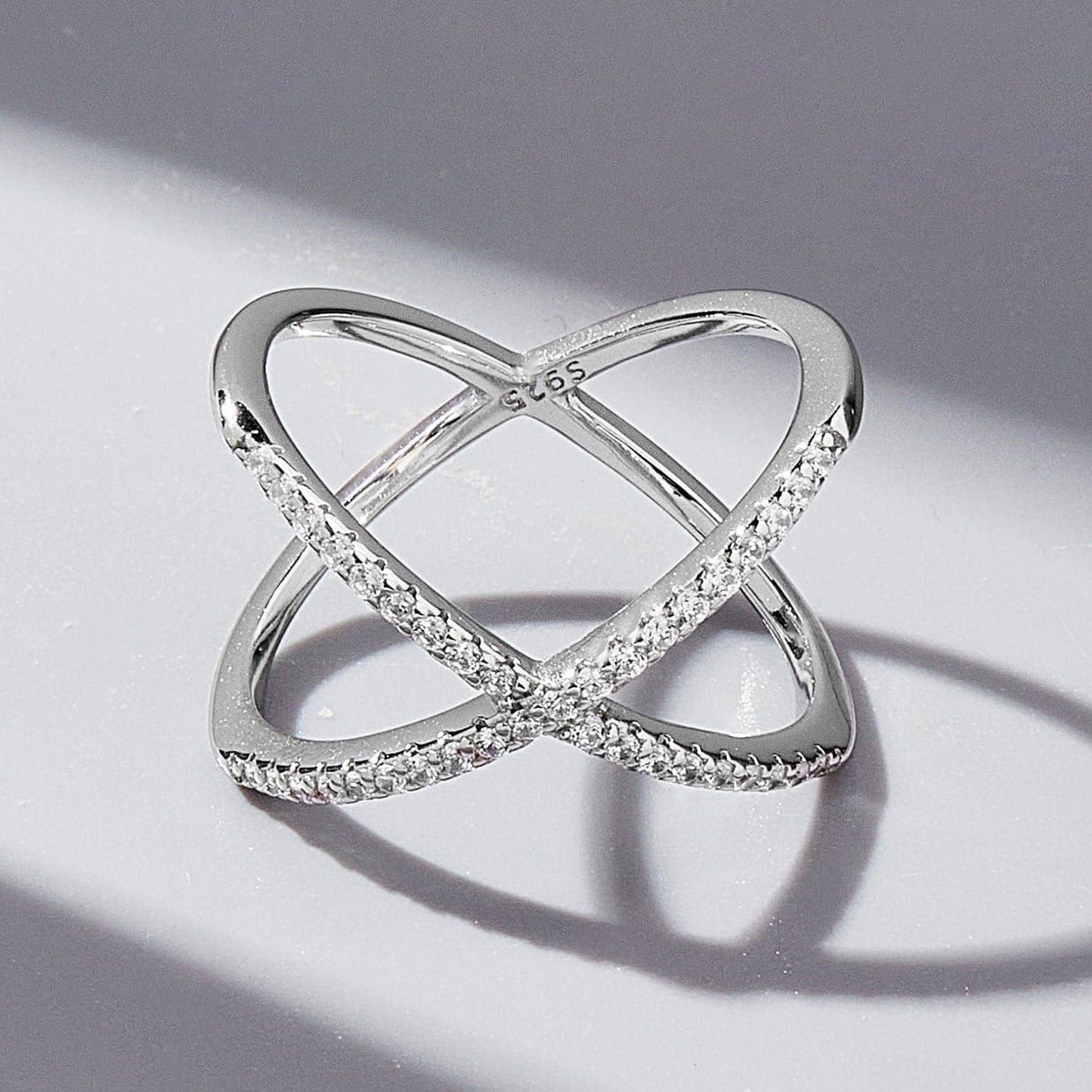 X Shape Inlaid Zircon 925 Sterling Silver Ring.