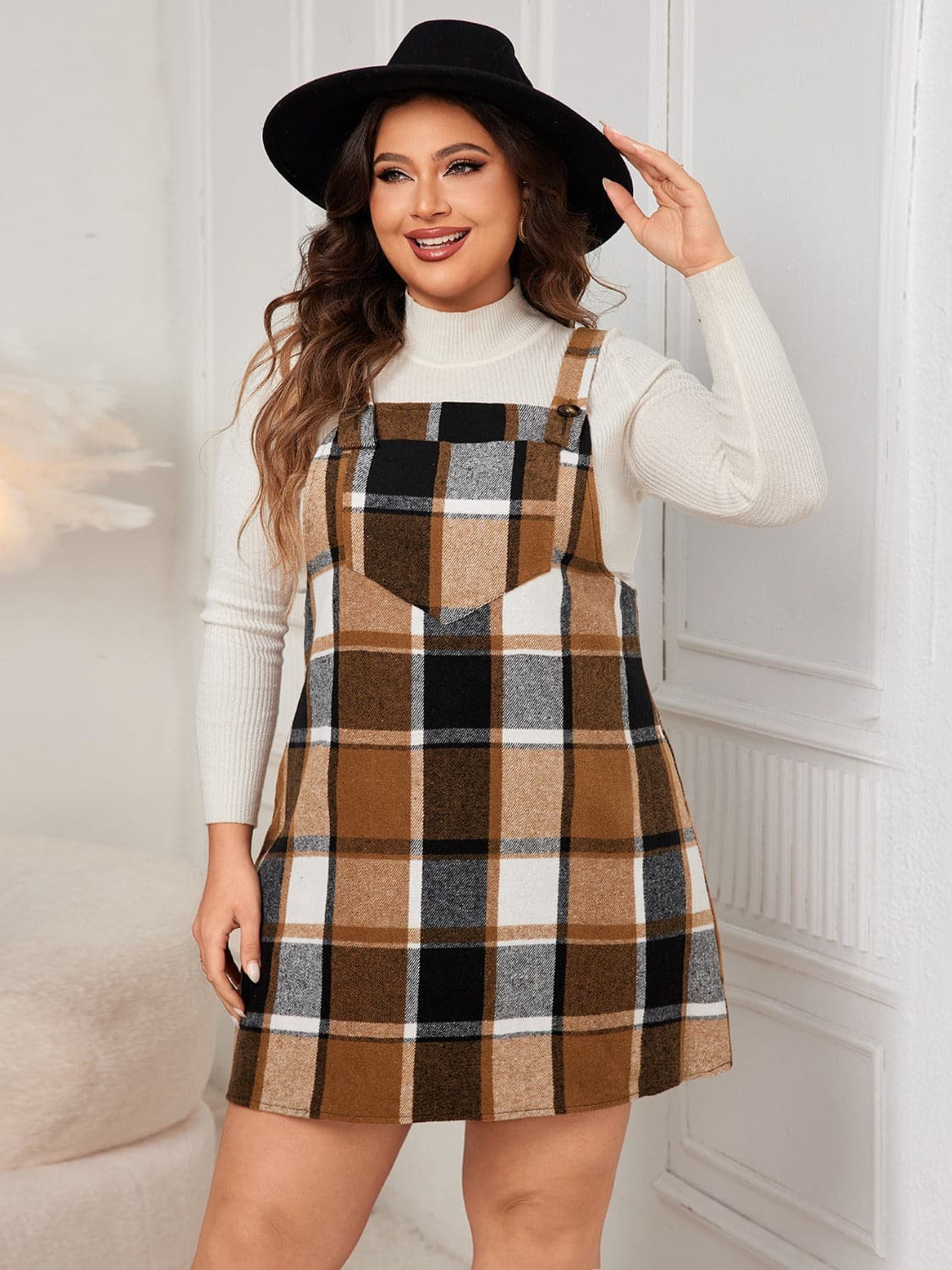 Plus Size Plaid Wide Strap Overall Dress.