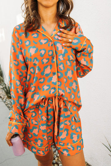 Leopard print loungewear set with long sleeves and shorts in vibrant orange