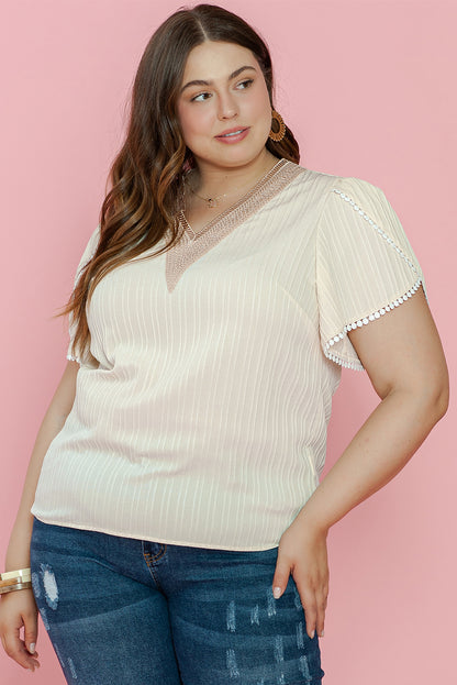 Beige plus size lace petal sleeve blouse with contrast detailing