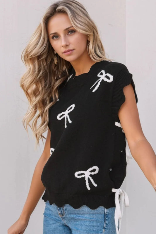 Bow Side Ties Scalloped Hem Cap Sleeve Sweater Simply Love