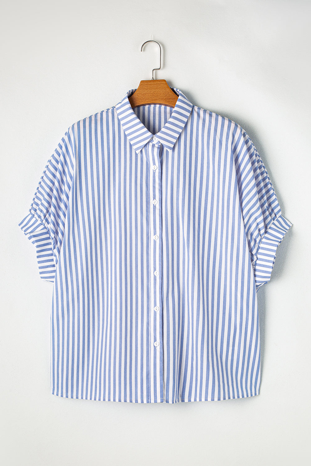 Effortlessly chic sky blue striped oversized dolman shirt