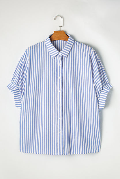 Effortlessly chic sky blue striped oversized dolman shirt