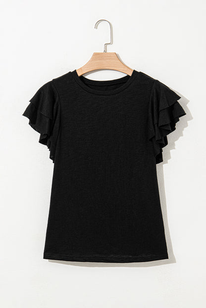 Black Layered Ruffle Short Sleeve Round Neck Top for Women