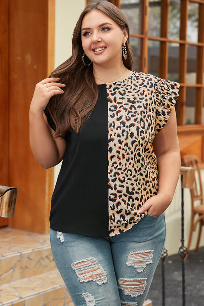 Chic black leopard flutter sleeve plus size top