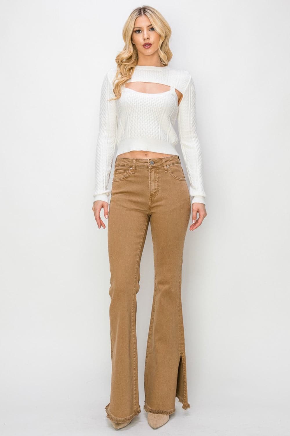 RISEN Bailey Full Size High Waist Side Slit Flare JeansElevate Your Style
 
Step up your style with the RISEN Bailey Full Size High Waist Side Slit Flare Jeans. These jeans are not just an ordinary piece of clothing; theLove Salve RISEN Bailey Full Size High Waist Side Slit Flare JeansJeans