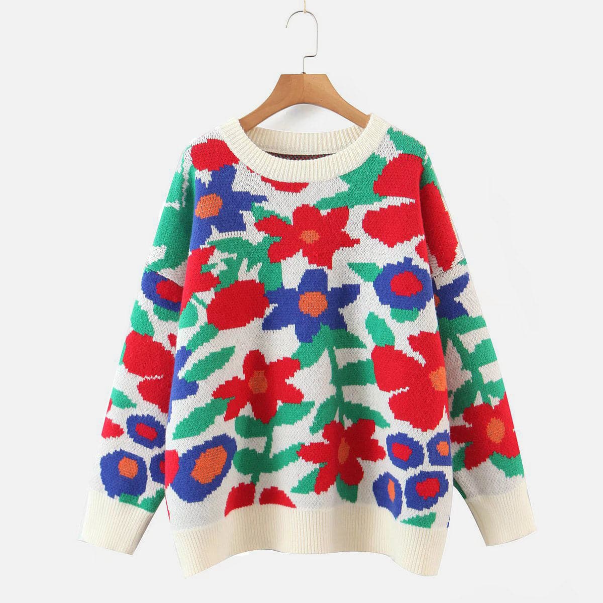 Floral Round Neck Drop Shoulder Sweater.