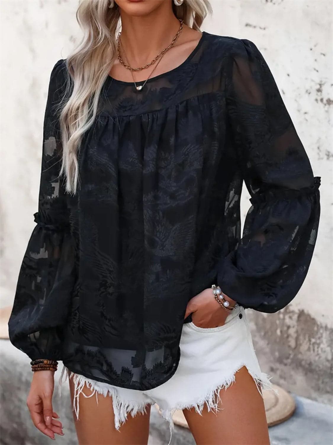 Sheer balloon sleeve top - 100% polyester