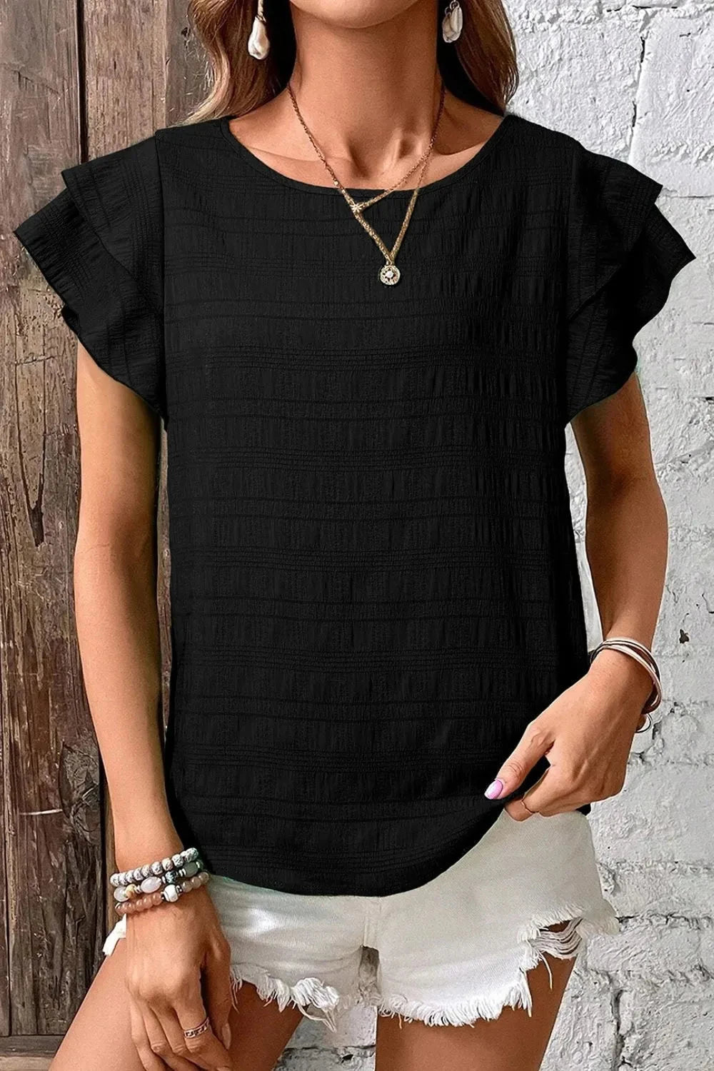 Round Neck Ruffled Layered Short Sleeve Blouse Simply Love