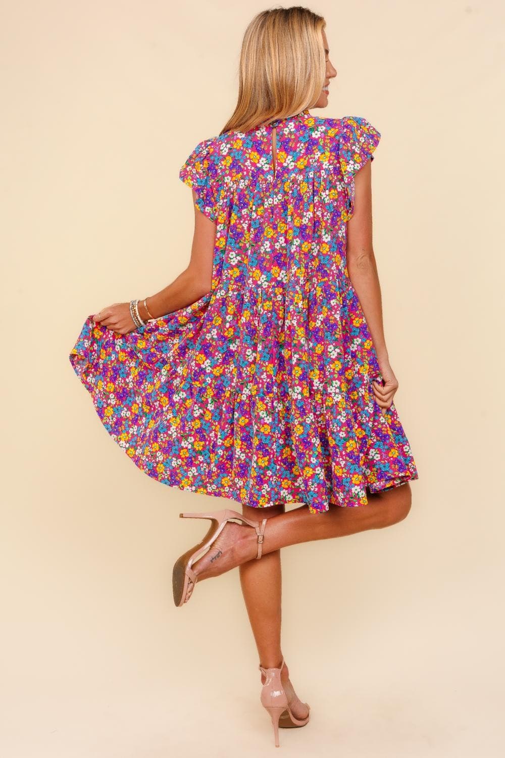 Haptics Frilled Mock Neck Ditsy Floral Dress.