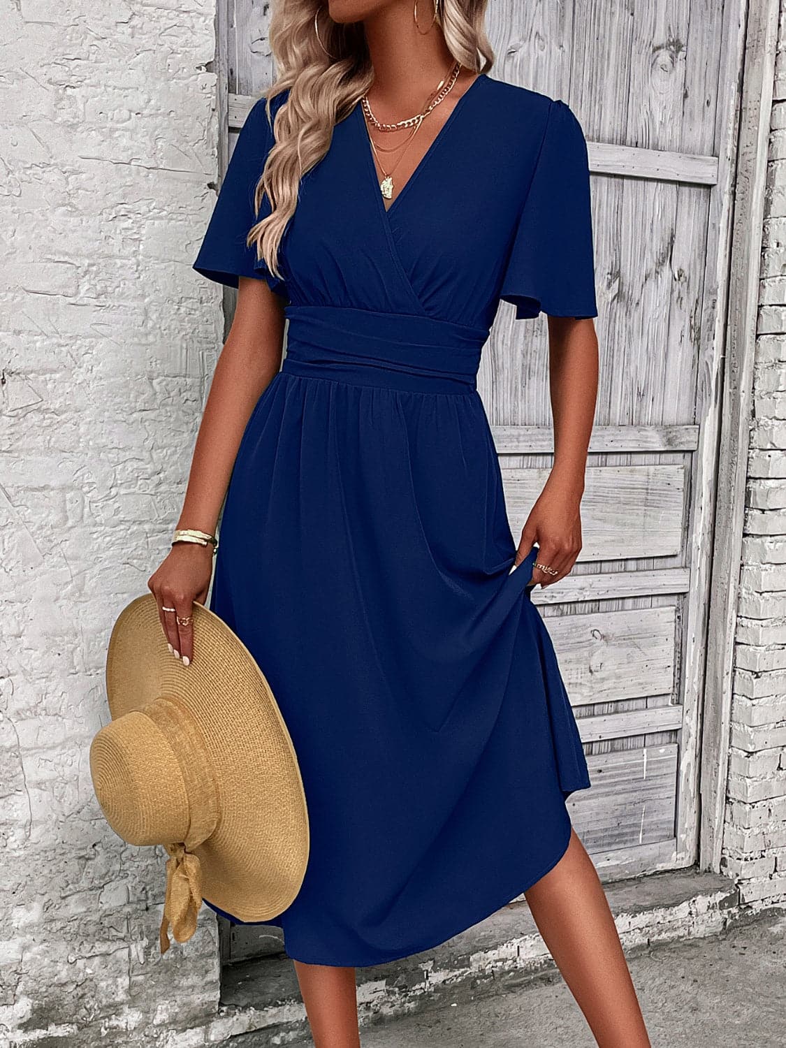 Surplice Flutter Sleeve Midi Dress.