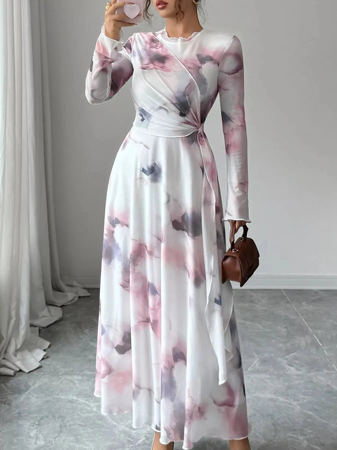 Tie Dye Long Sleeve Maxi Dress With Wrap Waist Pastel Print Simply Love