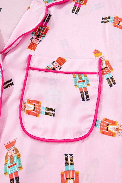 Pink Nutcracker Print Two Piece Pajama Set Contrast Trim Bow