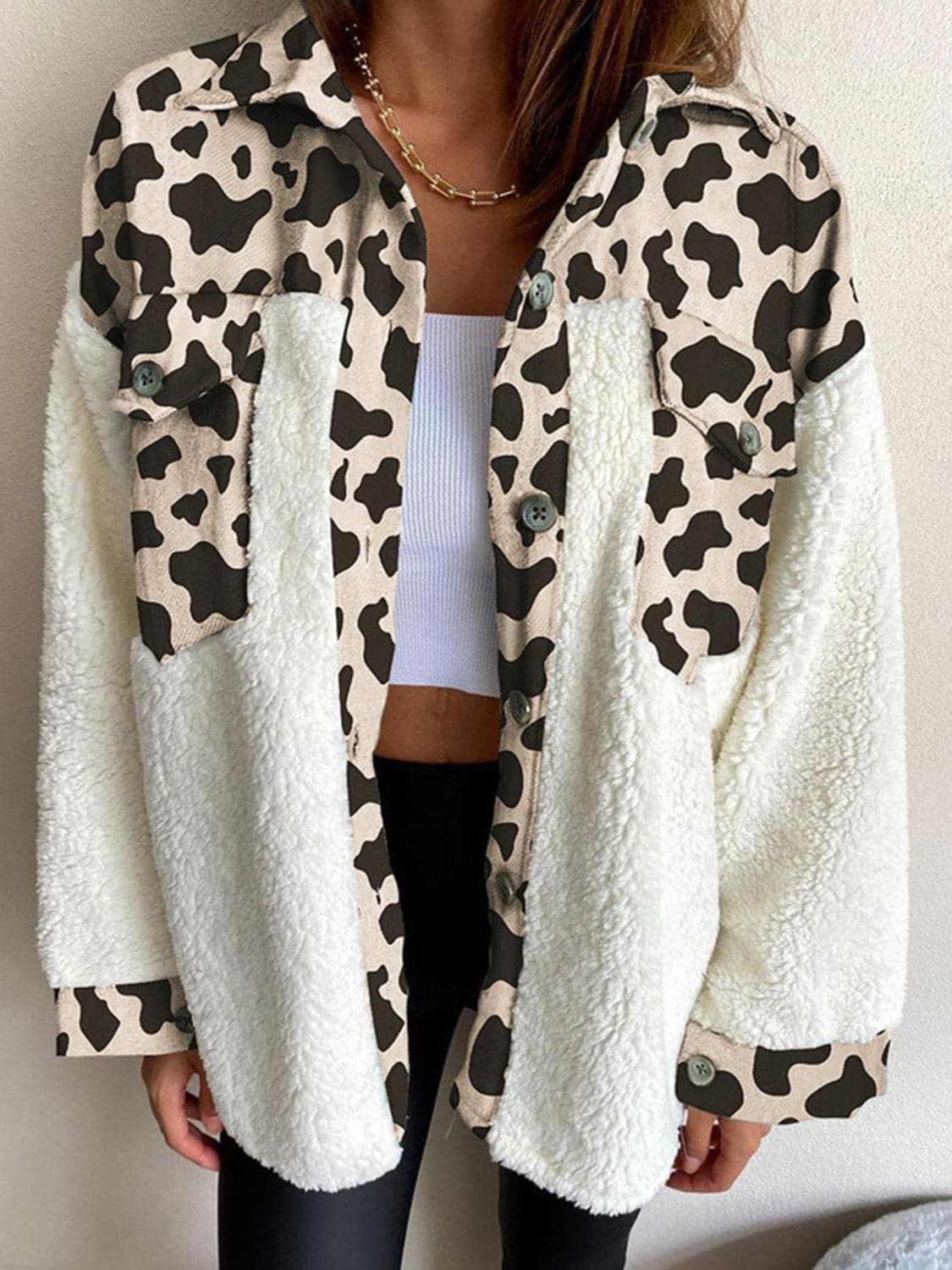 Fuzzy Button Up Long Sleeve Jacket.