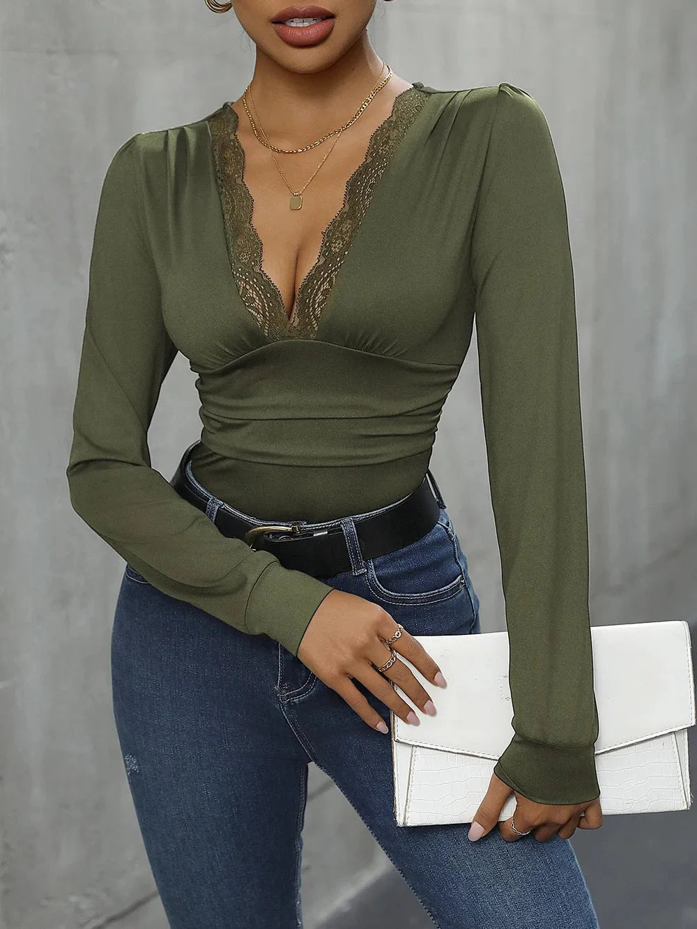 Perfee Lace Detail Plunge Long Sleeve Bodysuit Coco’s Tee Boutique