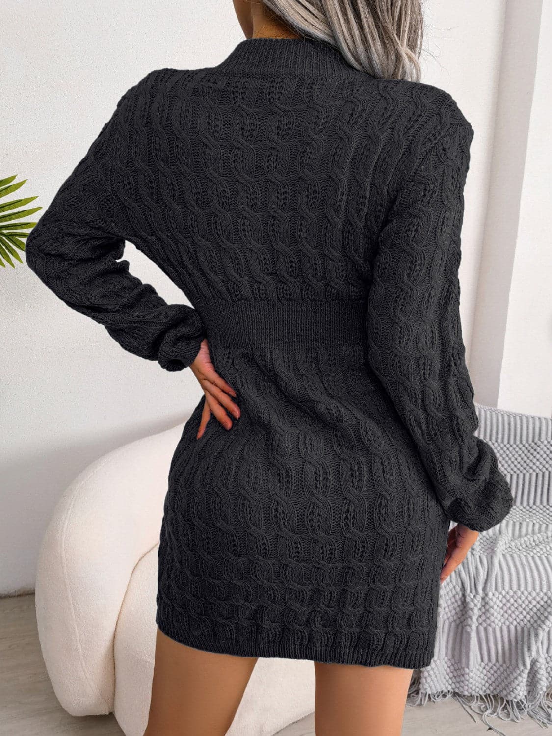 Cable-Knit Round Neck Mini Wrap Sweater Dress.