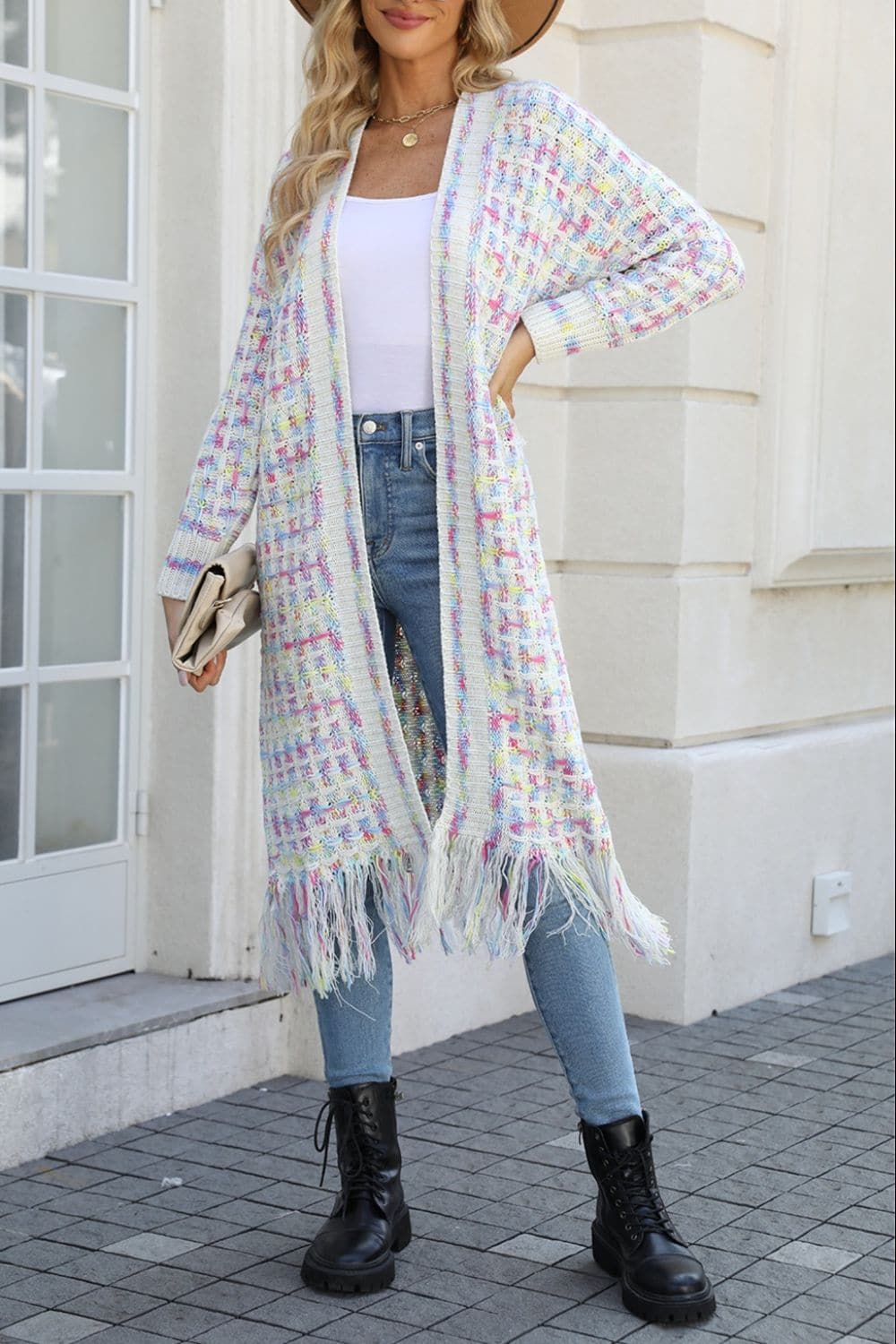 Multicolored Open Front Fringe Hem Cardigan.